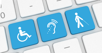 Tres imágenes de teclado resaltadas con íconos de una silla de ruedas, una oreja y una figura que camina con un bastón blanco.