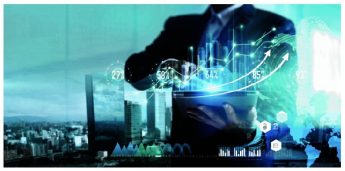 Hombre de negocios usando tableta analizando datos de ventas y tabla de gráfico de crecimiento económico en la pantalla de holograma.