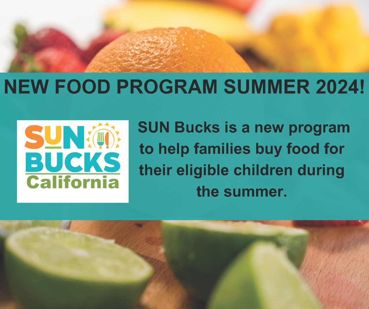 SUN BUCKS California. NEW FOOD PROGRAM SUMMER 2024! SUN Bucks is a new program to help families buy food for their eligible children during the summer. 