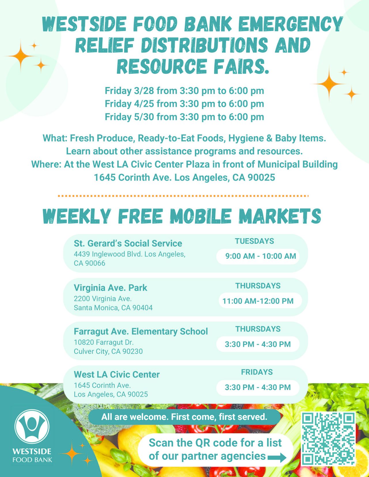 Westside Food Bank Emergency Relief Distributions and Resource Fairs. Friday 3/28 from 3:30 PM to 6:00PM. Friday 4/25 from 3:30 PM to 6:00PM. Friday 5/30 from 3:30 PM to 6:00 PM. What: Fresh Produce, Read-to-Eat Foods, Hygiene & Baby Items. Learn about other assistance programs and resources. Where: At the West LA Civic Center Plaza in front of Municipal Building 1645 Corinth Ave. Los Angeles, CA 90025. Weekly Free Mobile Markets St. Gerard’s Social Service 4439 Inglewood Blvd. Los Angeles, CA 90066 Tuesdays 9:00 AM to 10:00 AM. Virginia Ave. Park 2200 Virginia Ave. Santa Monica, CA 90404 Thursdays 11:00 AM to 12:00 PM. Farragut Ave. Elementary School 10820 Farragut Dr. Culver City, CA 90230 Thursdays 3:30 PM to 4:30 PM. West LA Civic Center 1645 Corinth Ave. Los Angeles, CA 90025 Fridays 3:30 PM to 4:30 PM. All are welcome. First come, first served. Westside Food Bank. Scan the QR code for a list of our partner agencies.