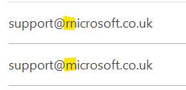 An example shows a fake homograph email address and a legitimate email address. The fake email address is support at rnicrosoft  dot co dot uk that uses an r and n combination to mimic the appearance of the letter m in the legitimate email address support at microsoft dot co dot uk
