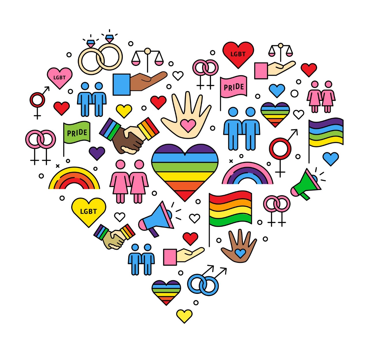 LGBTQ call to action icons in the shape of a heart.