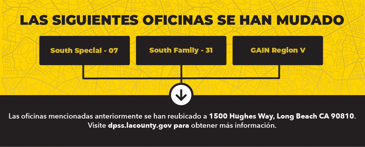 LAS SIGUIENTES OFICINAS SE HAN MUDADO South  Special – 07 South Family – 31 GAIN Region V Las oficinas mencionadas anteriormente se han reubicado a 1500 Hughes Way, Long Beach CA 90810.  Comuníquese con el Servicio al Cliente al 1-866-613-3777 o visite dpss.lacounty.gov para obtener más información.